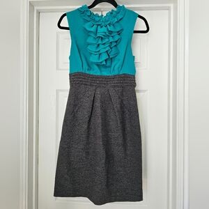 Max & Cleo sleeveless Gray Teal midi zip ruffle Business Office dress size 2